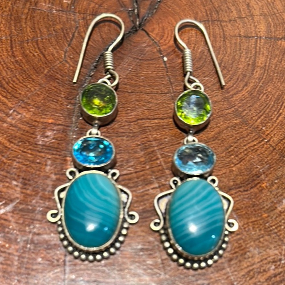 925 Sterling Silver Bohemian Blue and Green Cabochon Gemstone Earrings